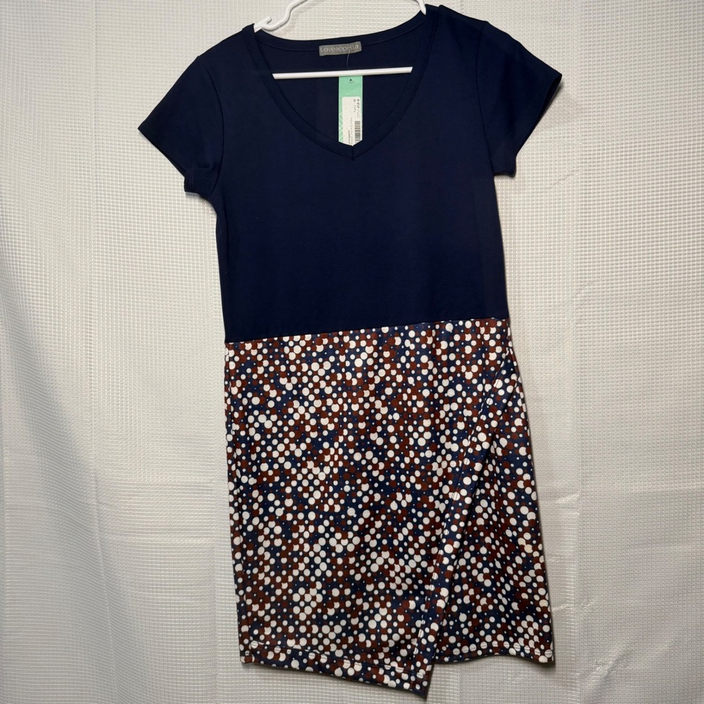 Loveappella Knit Dress Polka Dot Faux Wrap Skirt Navy Blue Office‎ Casual M